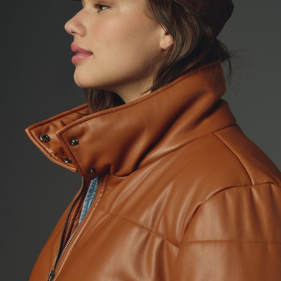 ANTHROPOLOGIE Tan/ caramel Puffer faux leather Jacket - Picture 1 of 4